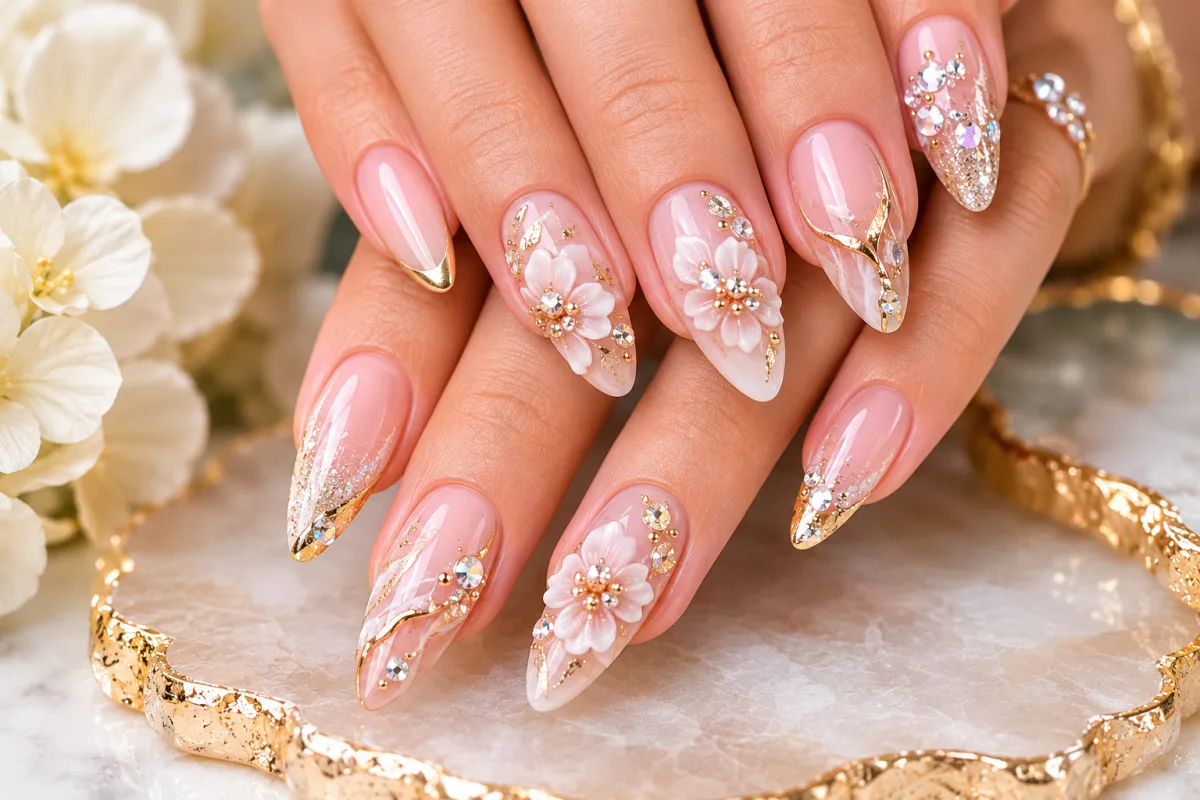 3D floral gem nail art design
