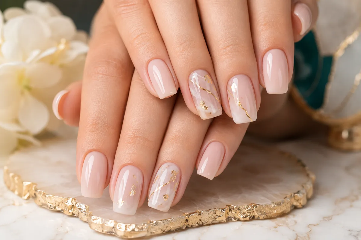 Nude gold foil manicure design
